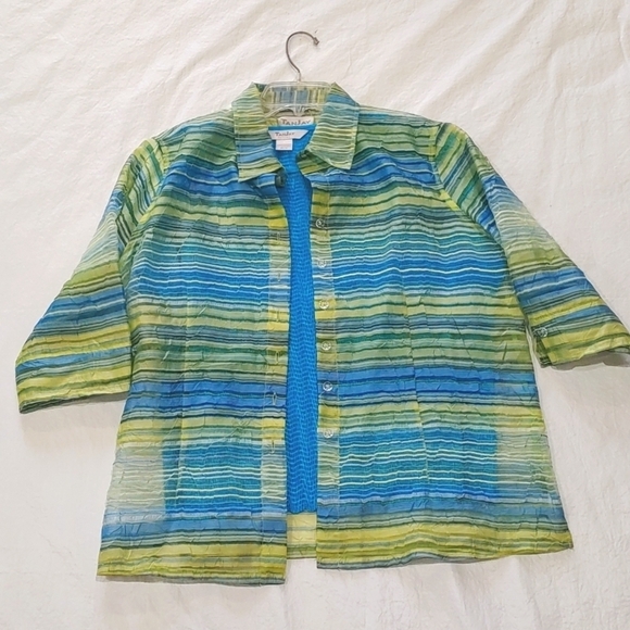 Tanjay 2 Piece Blue Green Stripe 3/4 Sleeve Semi Sheer Blouse Set Size 12P - Picture 1 of 6